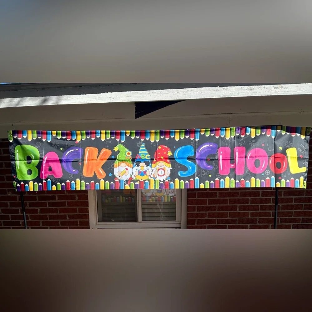 Gnome “ Back to School” banner, 7 ft x2 ft, black, yellow, red, blue